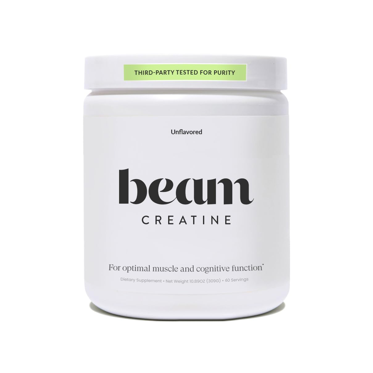 Beam Creatine Powder front bottle showcases product quality for strength-focused workouts.