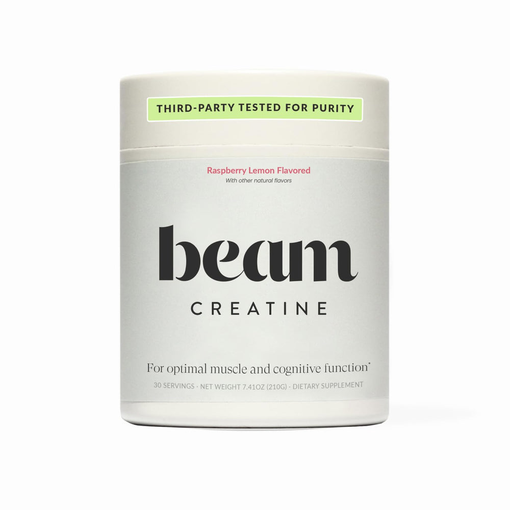 Beam Creatine Powder jar with clean label indicating purity and quality