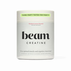 Beam Creatine Powder jar with clean label indicating purity and quality