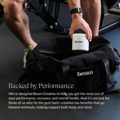 Beam Creatine Powder label with third-party test seal signals safety and purity.