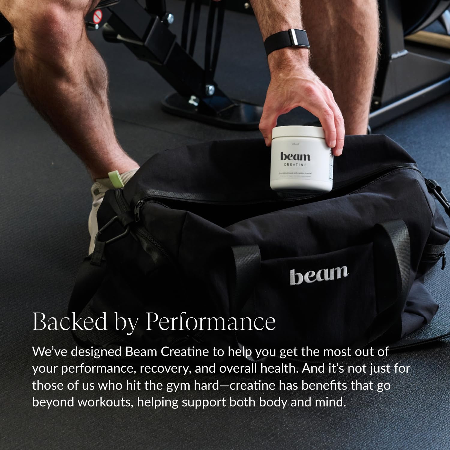 Beam Creatine Powder measuring scoop emphasizes precise dosing for consistent training.