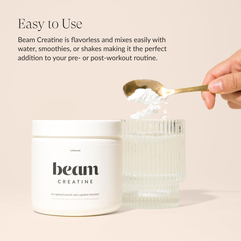 Beam Creatine Powder mix glass illustrates quick-dissolve action for pre-workout.