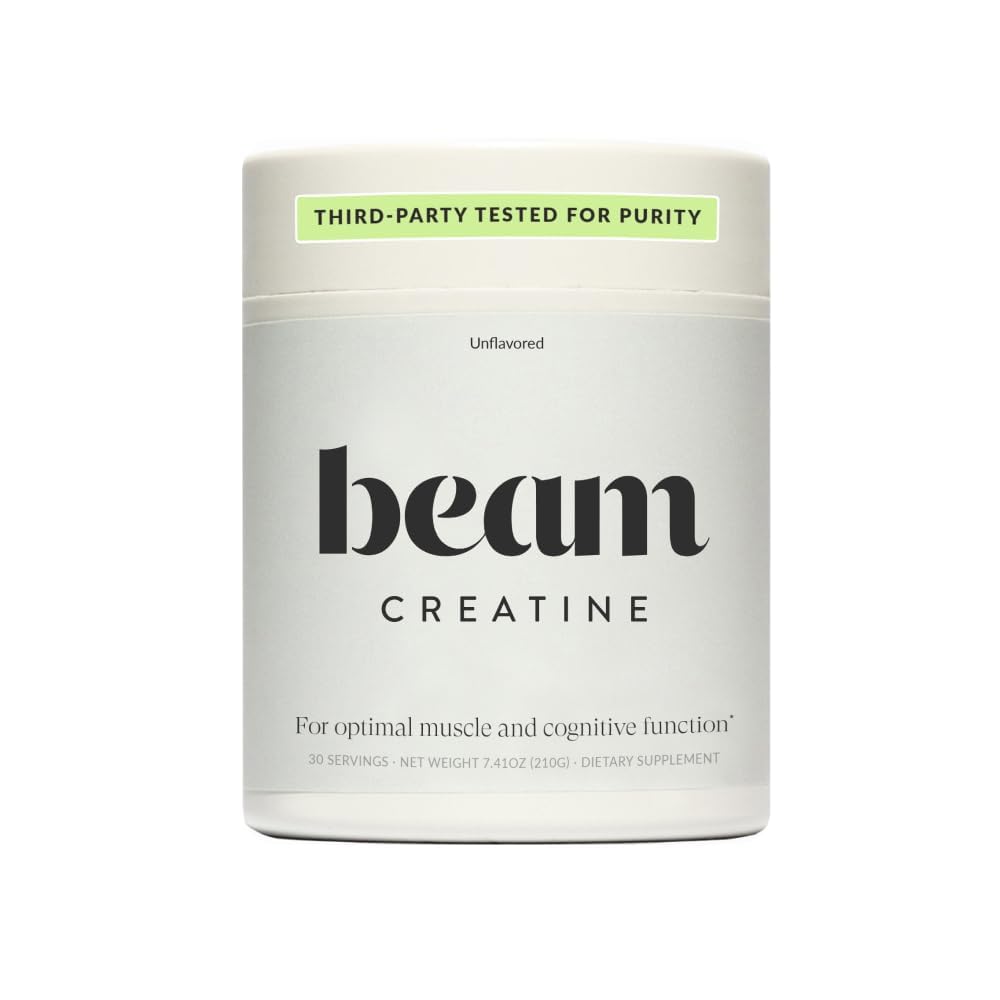 Beam Creatine Powder unflavored bottle demonstrates clean design for daily workouts.