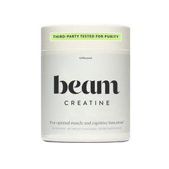 Beam Creatine Powder unflavored bottle demonstrates clean design for daily workouts.