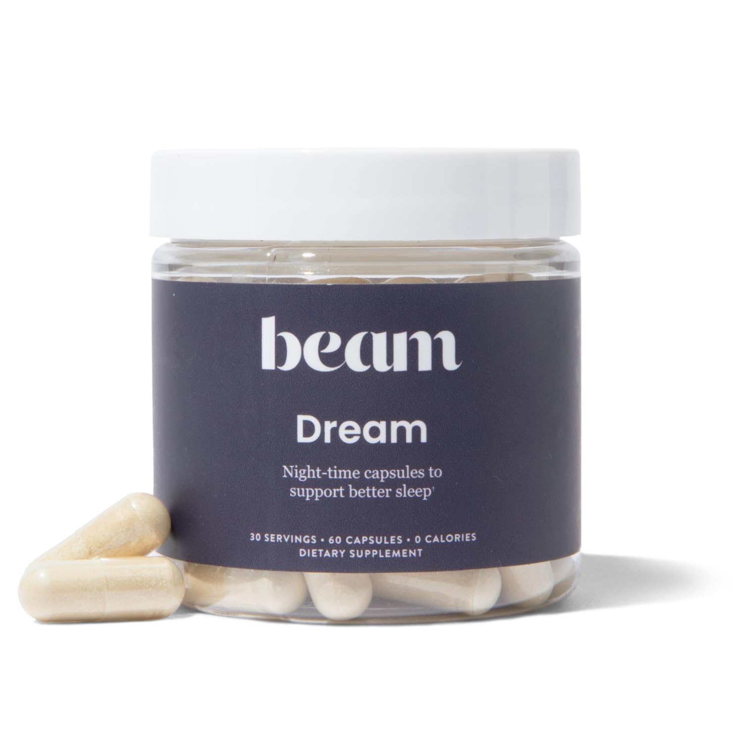 Beam Dream Sleep Capsules bottle showing the 30-serving package for nightly relaxation.