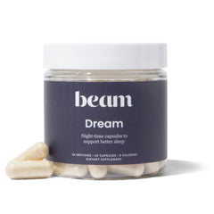 Beam Dream Sleep Capsules bottle showing the 30-serving package for nightly relaxation.