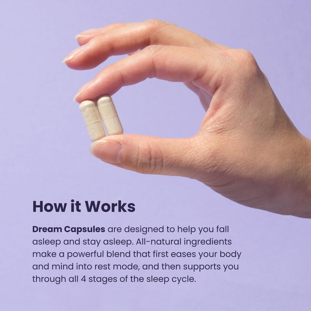 Visual highlight of L-Theanine and Apigenin ingredients in Beam Dream capsules.