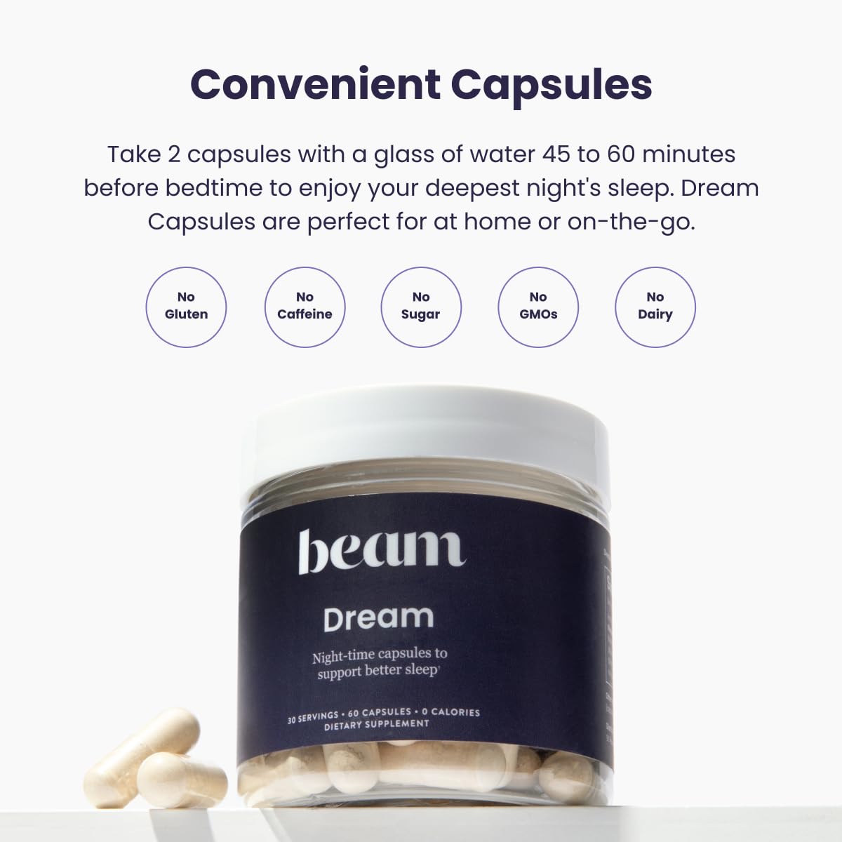 Beam Dream Sleep Capsules packaging indicating vegan, non-GMO, dairy-free formulation.