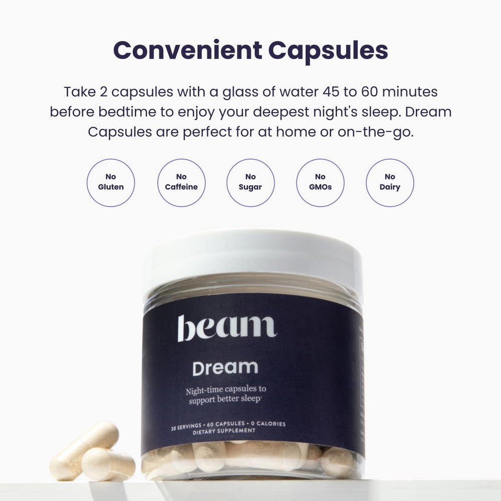 Beam Dream Sleep Capsules packaging indicating vegan, non-GMO, dairy-free formulation.