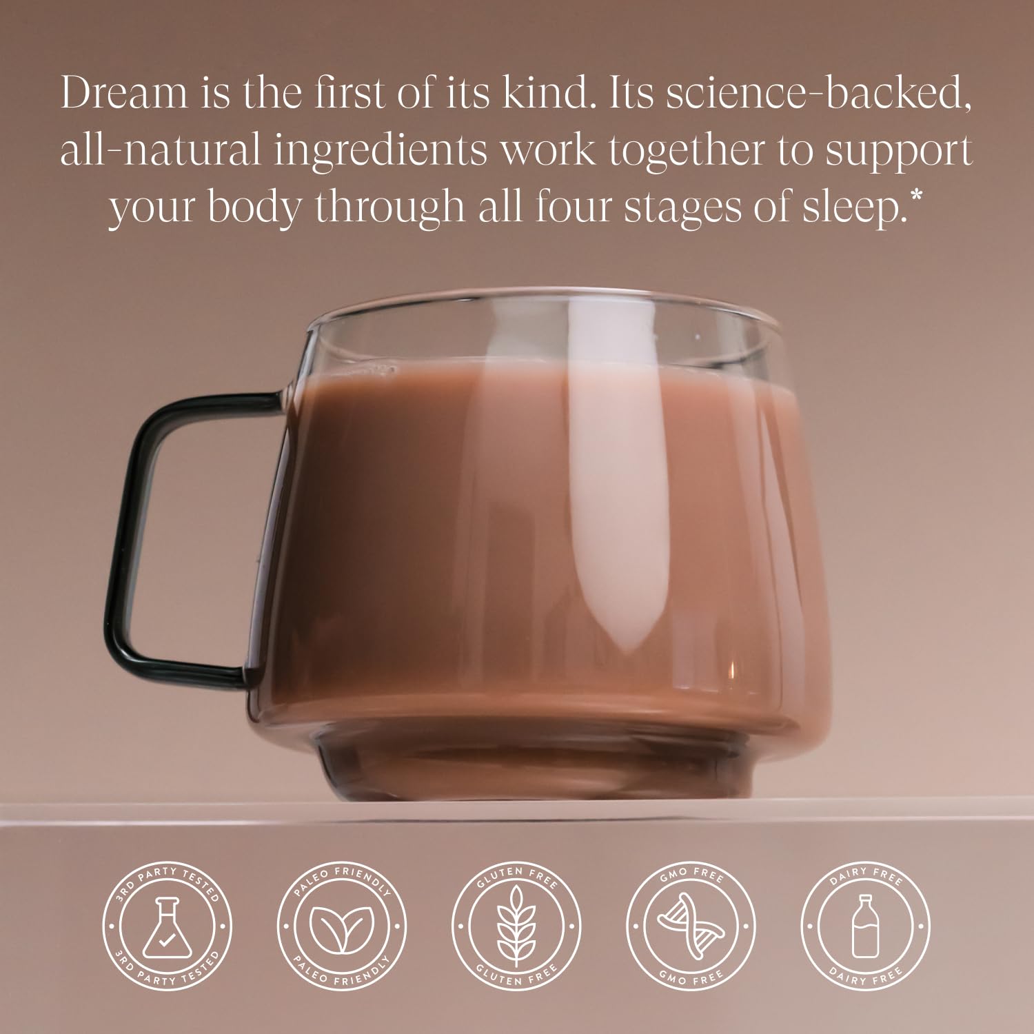 Beam Dream Sleep Powder glass with prepared drink promotes calm evenings