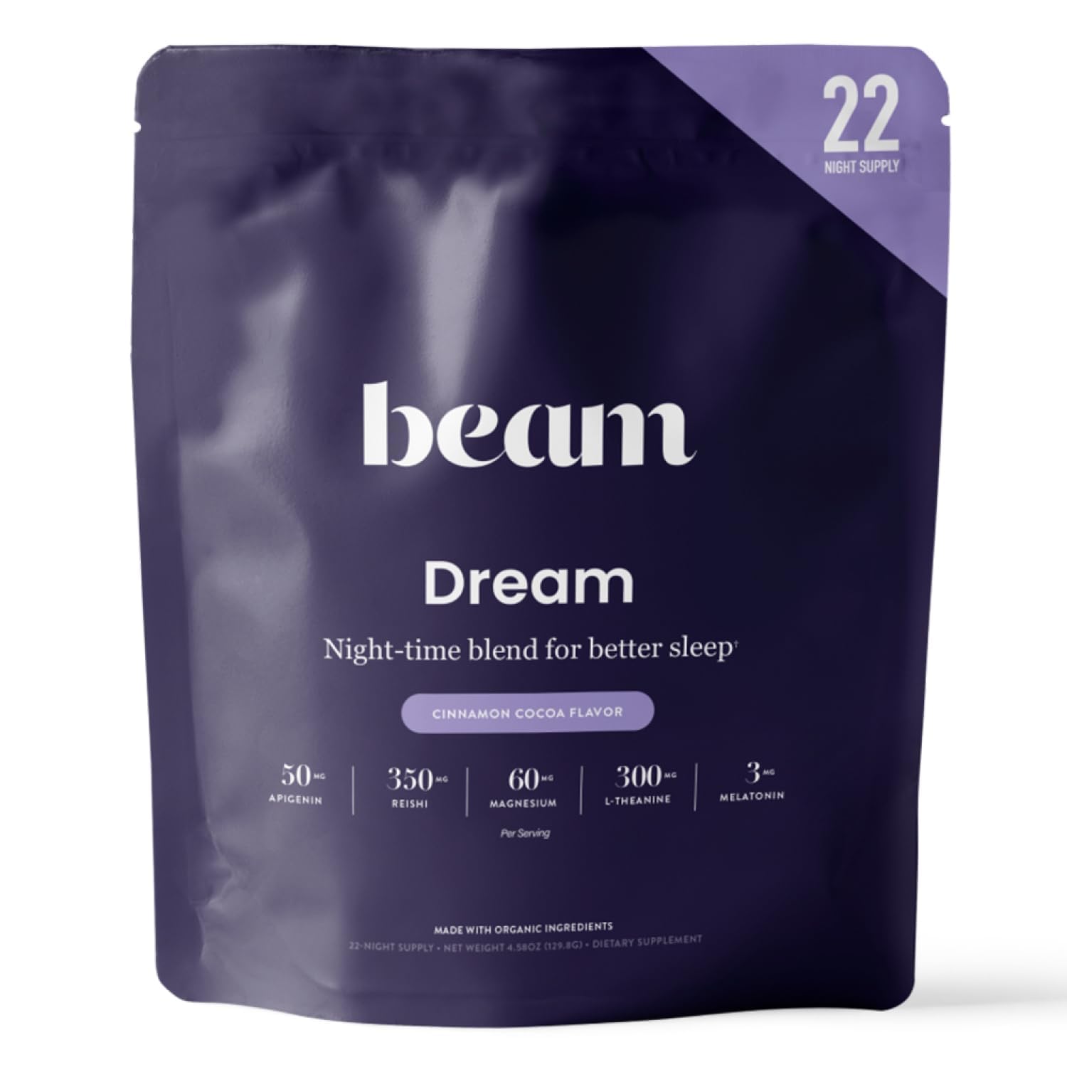 Beam Dream Sleep Powder jar front promoting nightly relaxation and calm before bed.