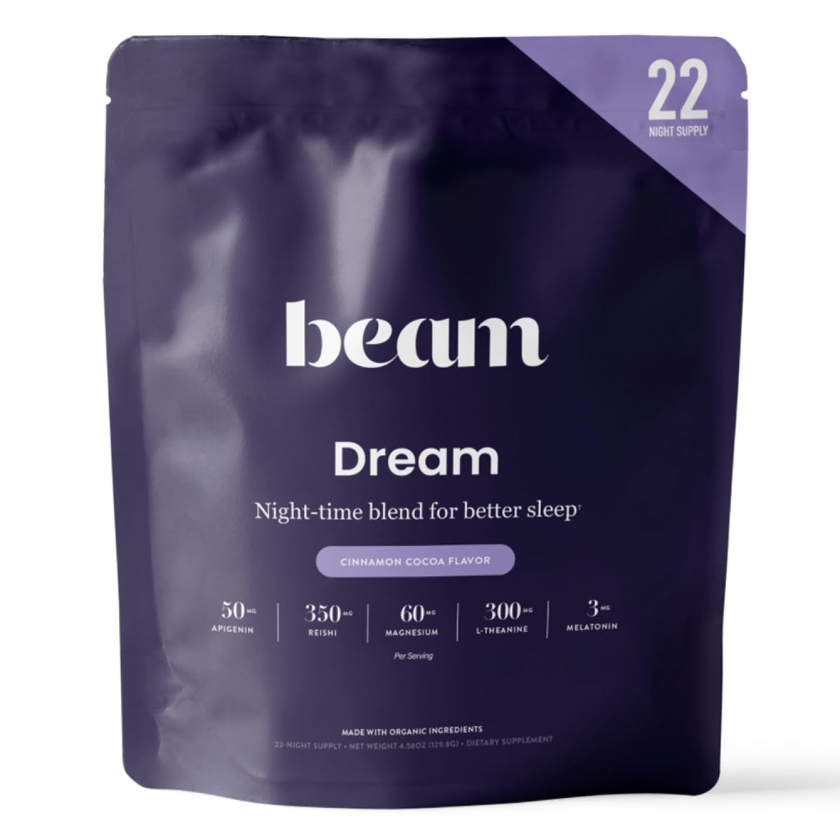 Beam Dream Sleep Powder jar front promoting nightly relaxation and calm before bed.
