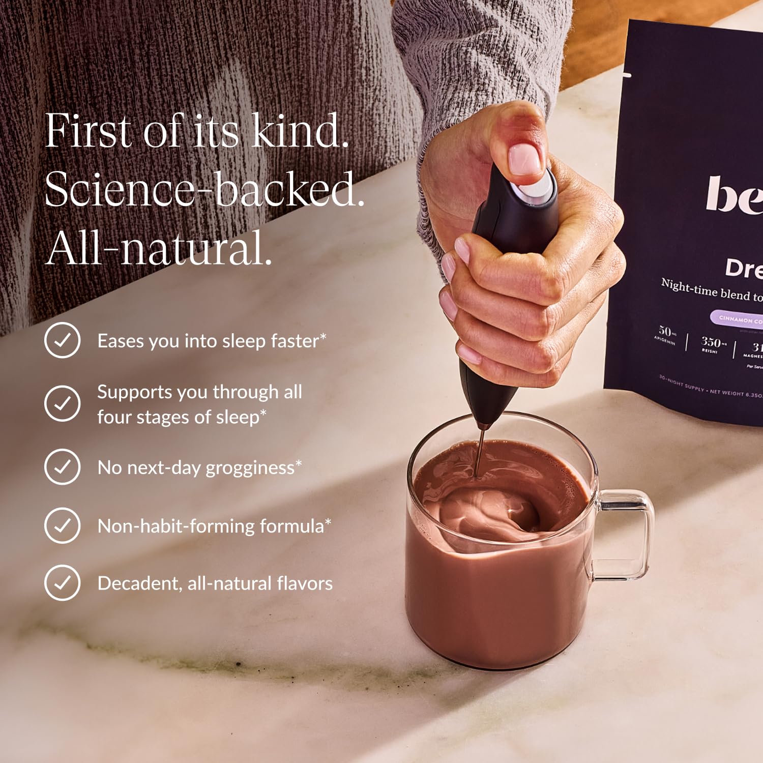 Beam Dream Sleep Powder scoop beside mug signals easy nightly ritual.
