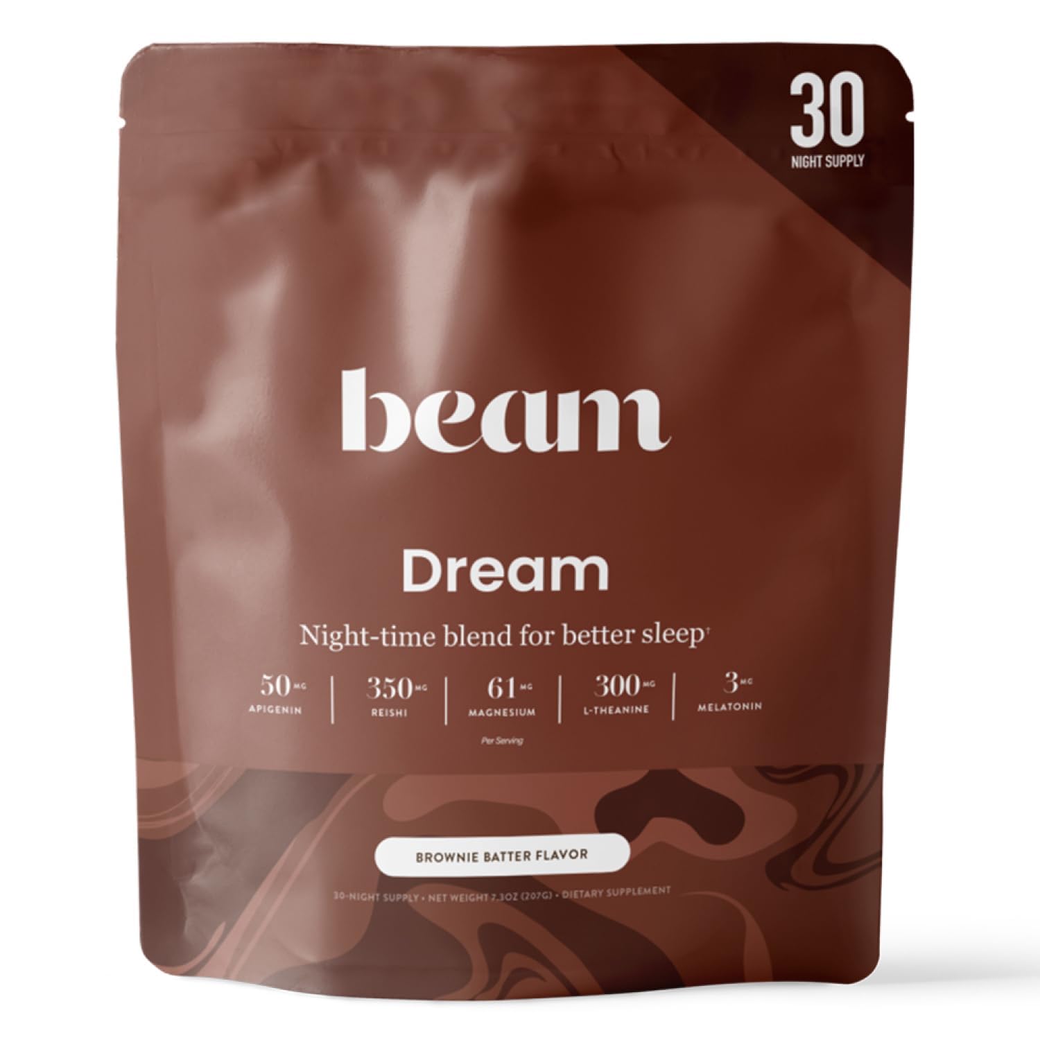 Beam Dream Sleep Powder tin label highlights a calming nighttime blend.