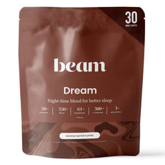 Beam Dream Sleep Powder tin label highlights a calming nighttime blend.