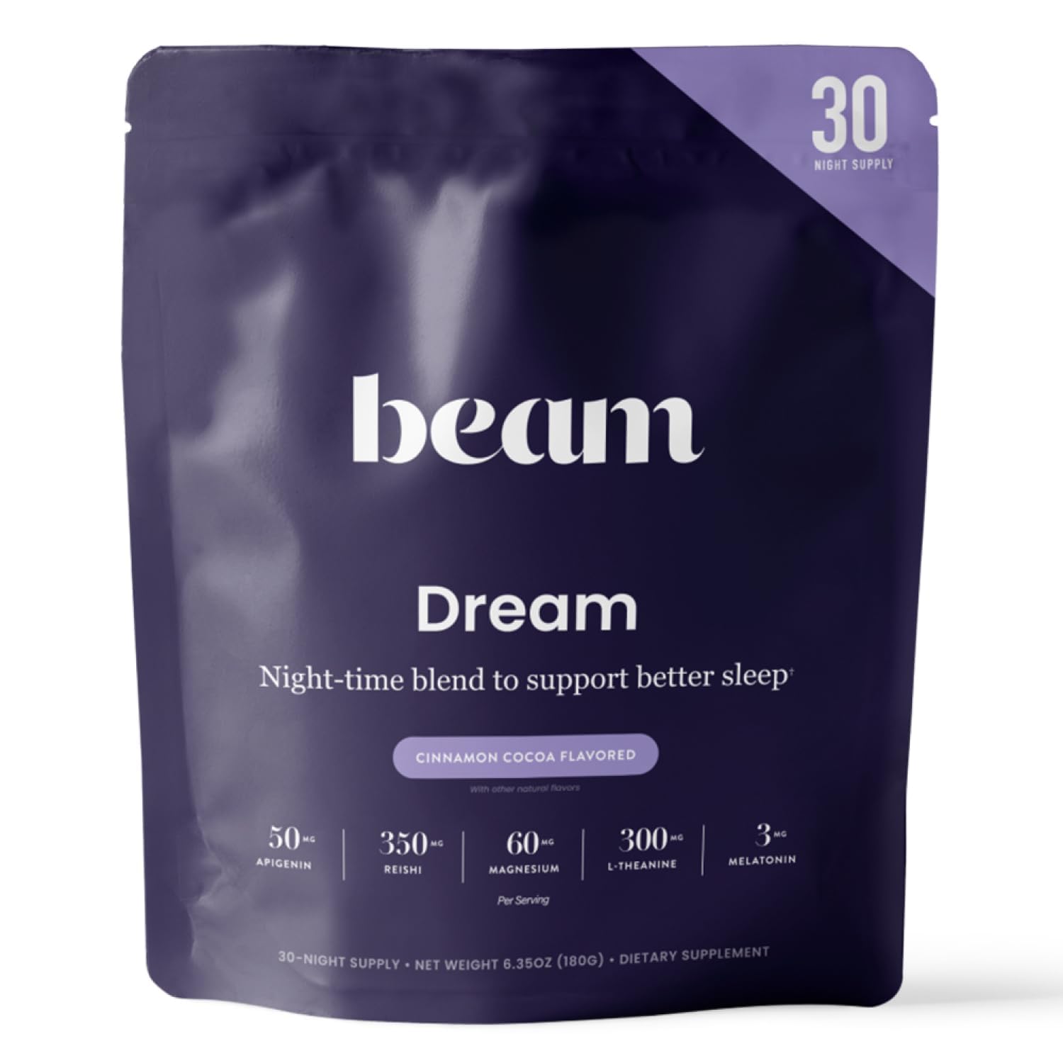 Beam Dream Sleep Powder tub close-up showing vegan, non-GMO formula for calm nights