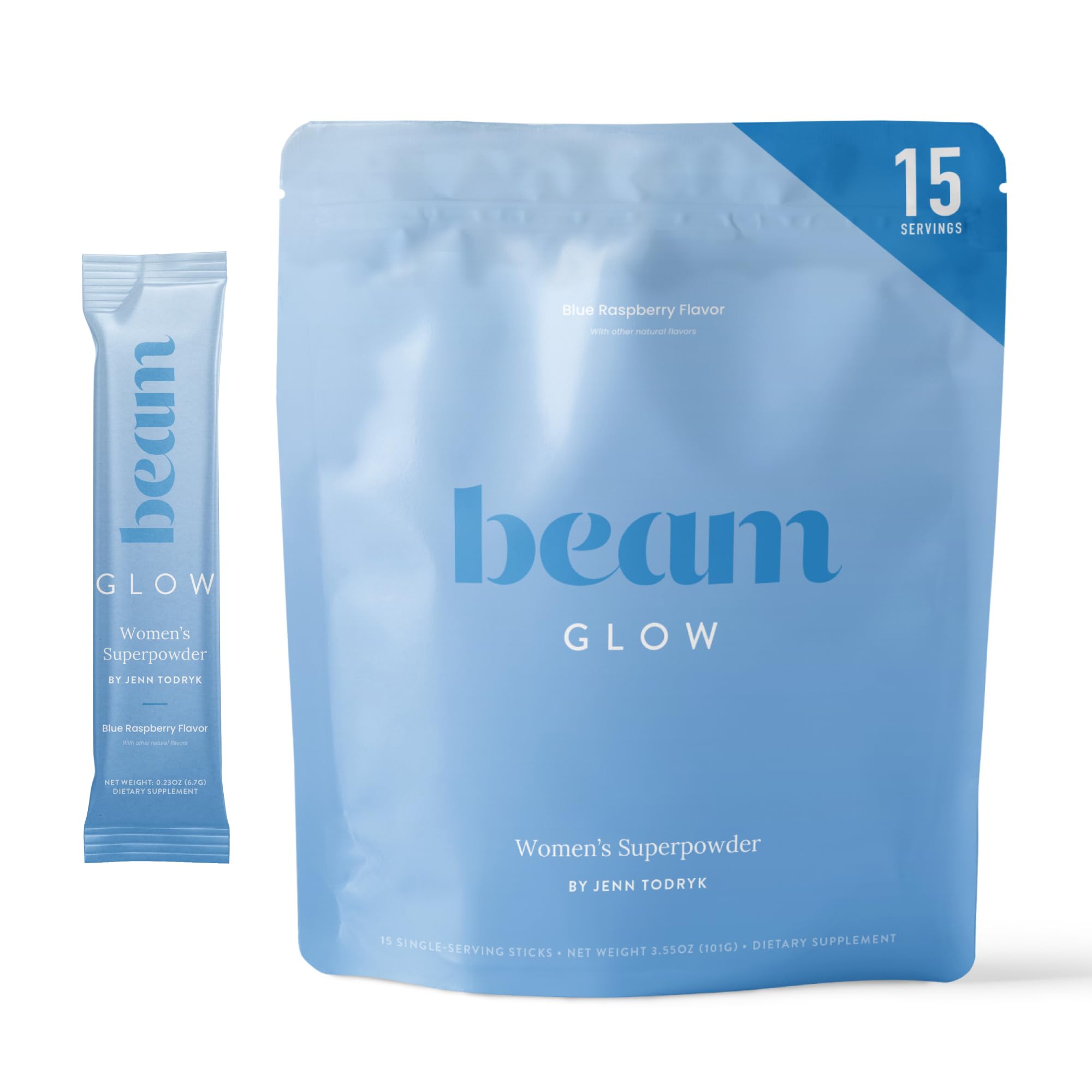 Beam Glow bottle close-up highlighting label for daily hormonal balance support.