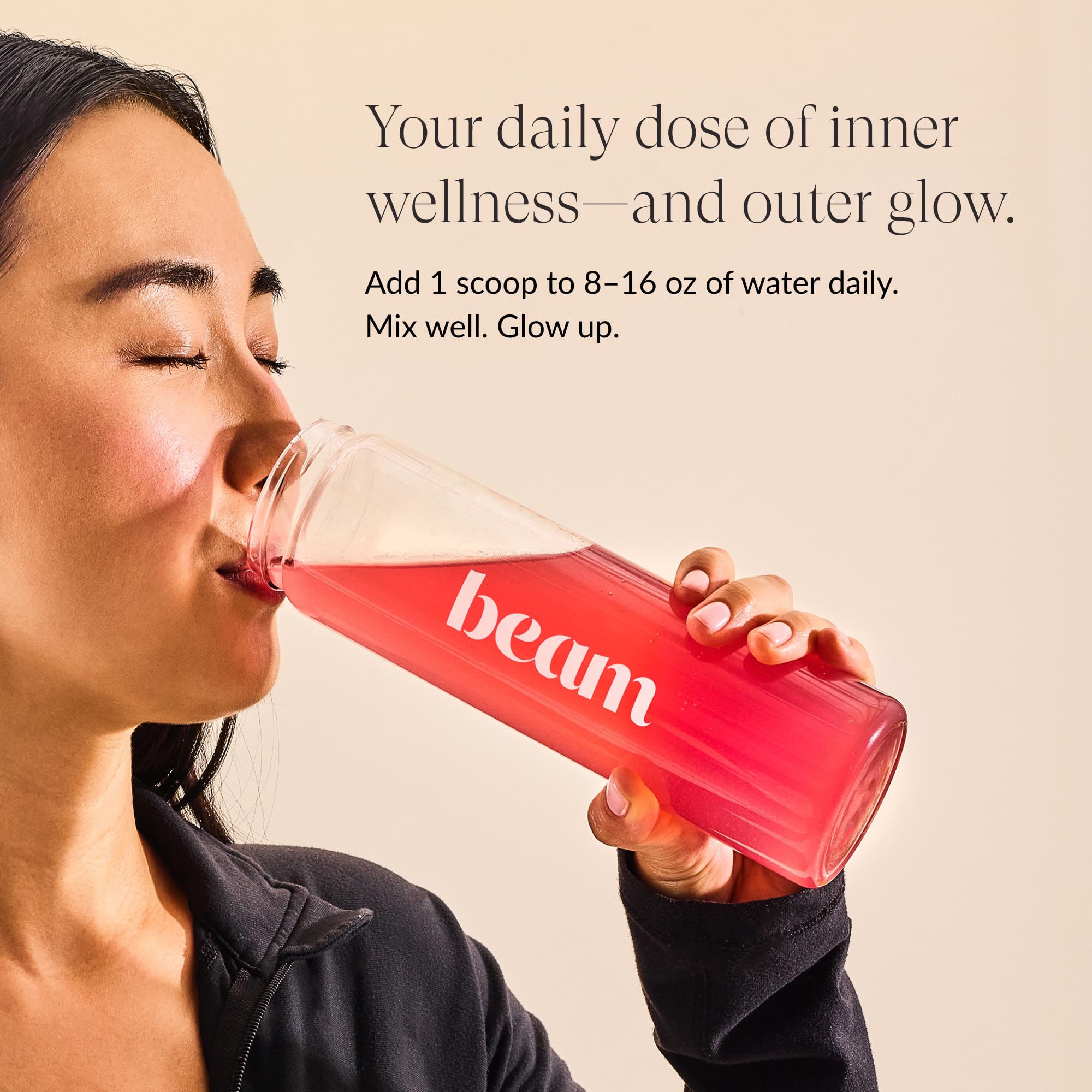 Measuring scoop beside Beam Glow bottle highlights 15 servings for daily use.