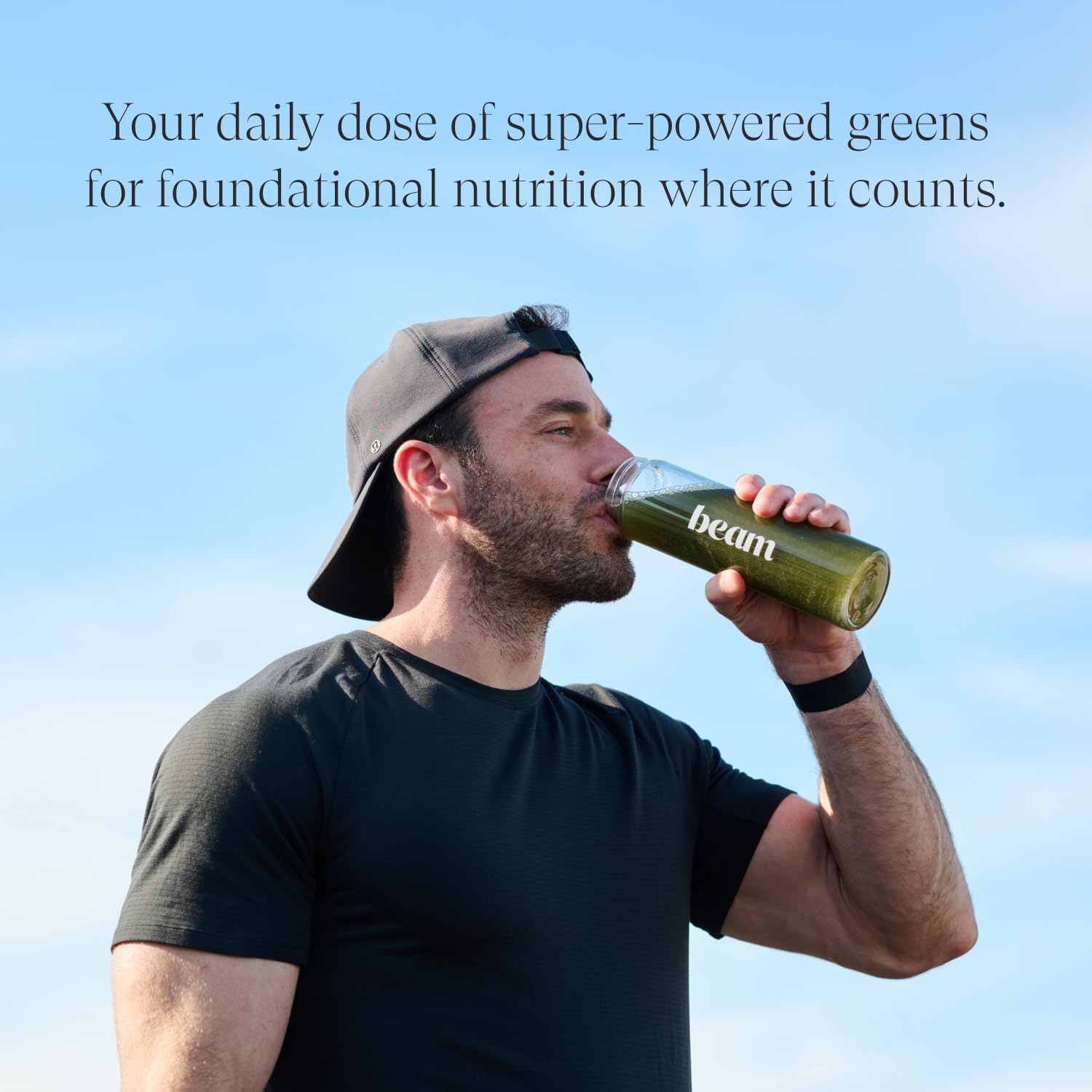 Beam Greens Strawberry Kiwi bottle emphasizes flavorful daily greens experience.