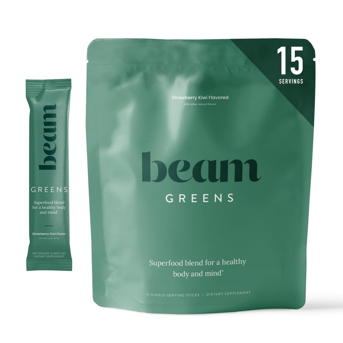 Beam Greens Powder jar front highlights natural greens for daily wellness.