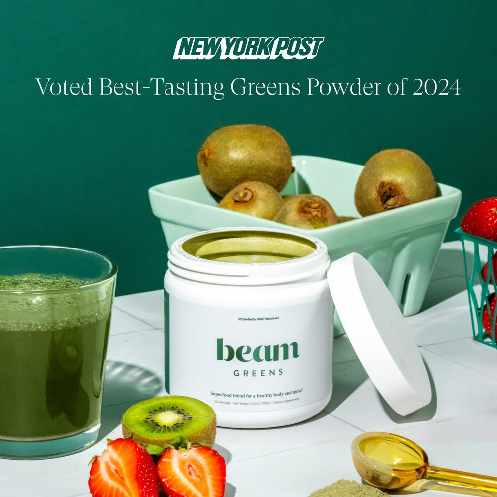 Beam Greens Powder in a green smoothie shows easy blending for energy.