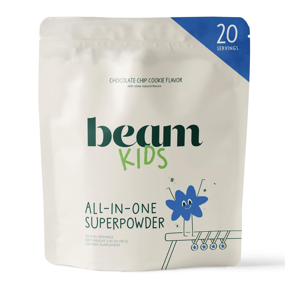 Beam Kids All in One Powder bottle front shows trusted pediatrician-formulated nutrition for growth