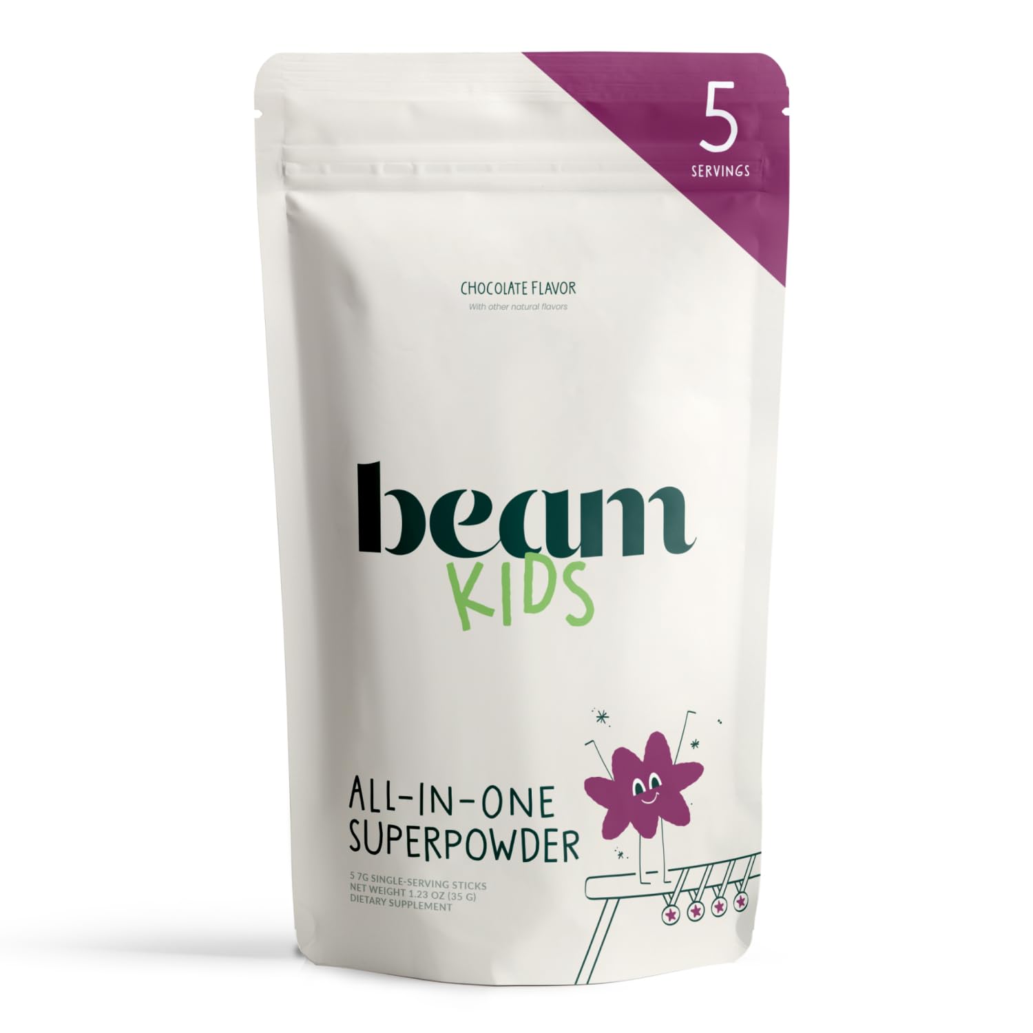 Beam Kids All-in-One powder packaging shows 40+ nutrients for growing kids.