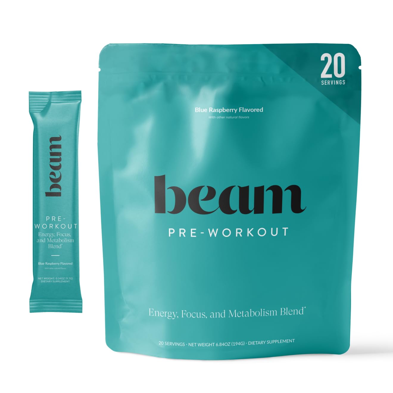 Beam Pre Workout powder jar showing clean energy from PurCaf caffeine for steady workouts