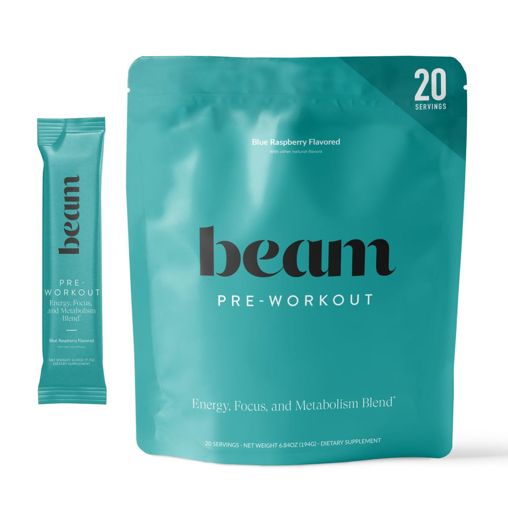 Beam Pre Workout powder jar showing clean energy from PurCaf caffeine for steady workouts
