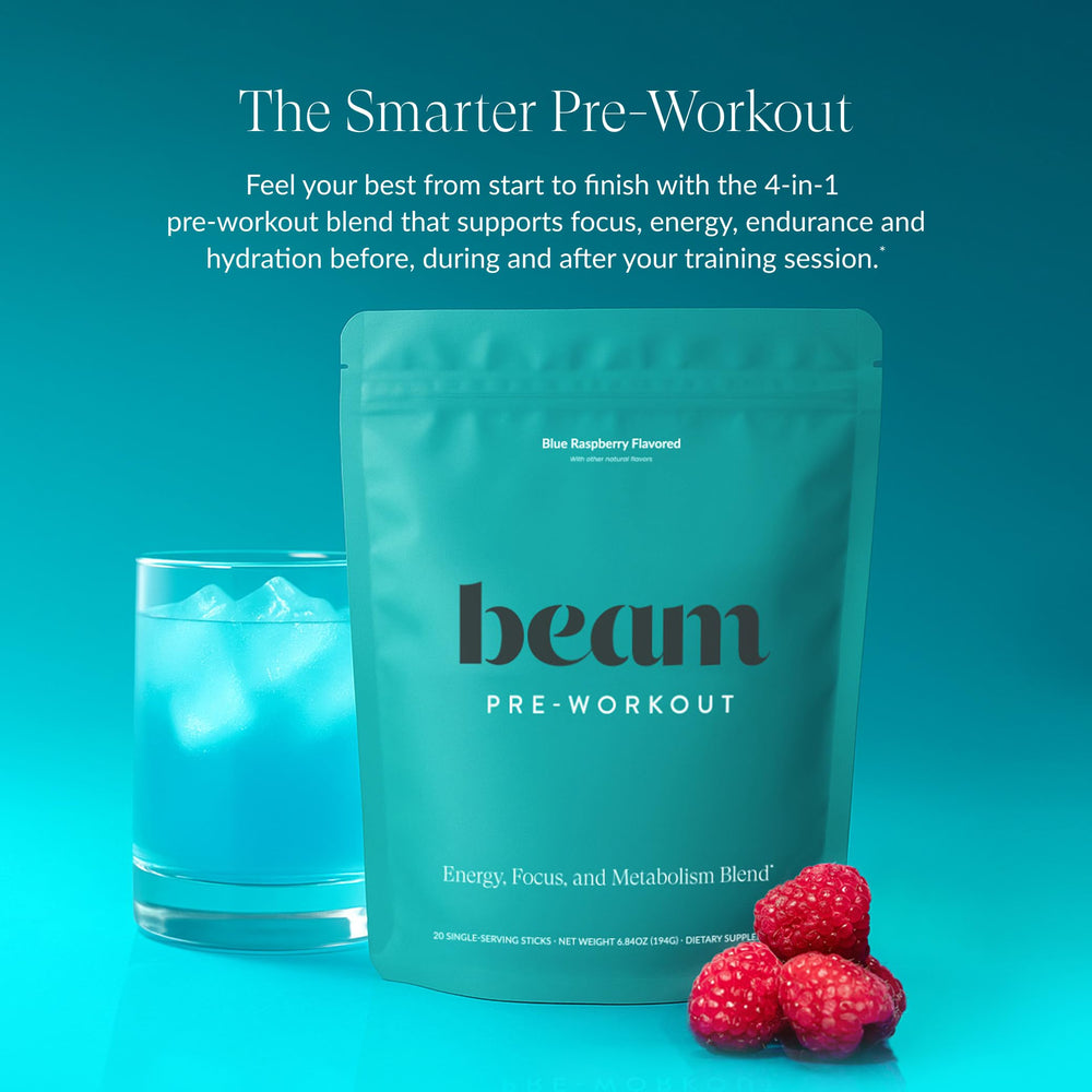 Beam Pre Workout scoop-dispense illustrating precise dosing for focused training sessions