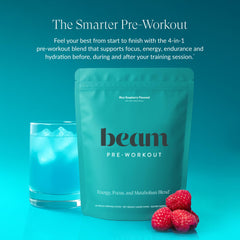 Beam Pre Workout scoop-dispense illustrating precise dosing for focused training sessions