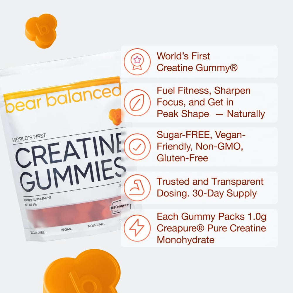 Bear Balanced Creatine Gummies bag highlights vegan, low-calorie formula for mindful energy.