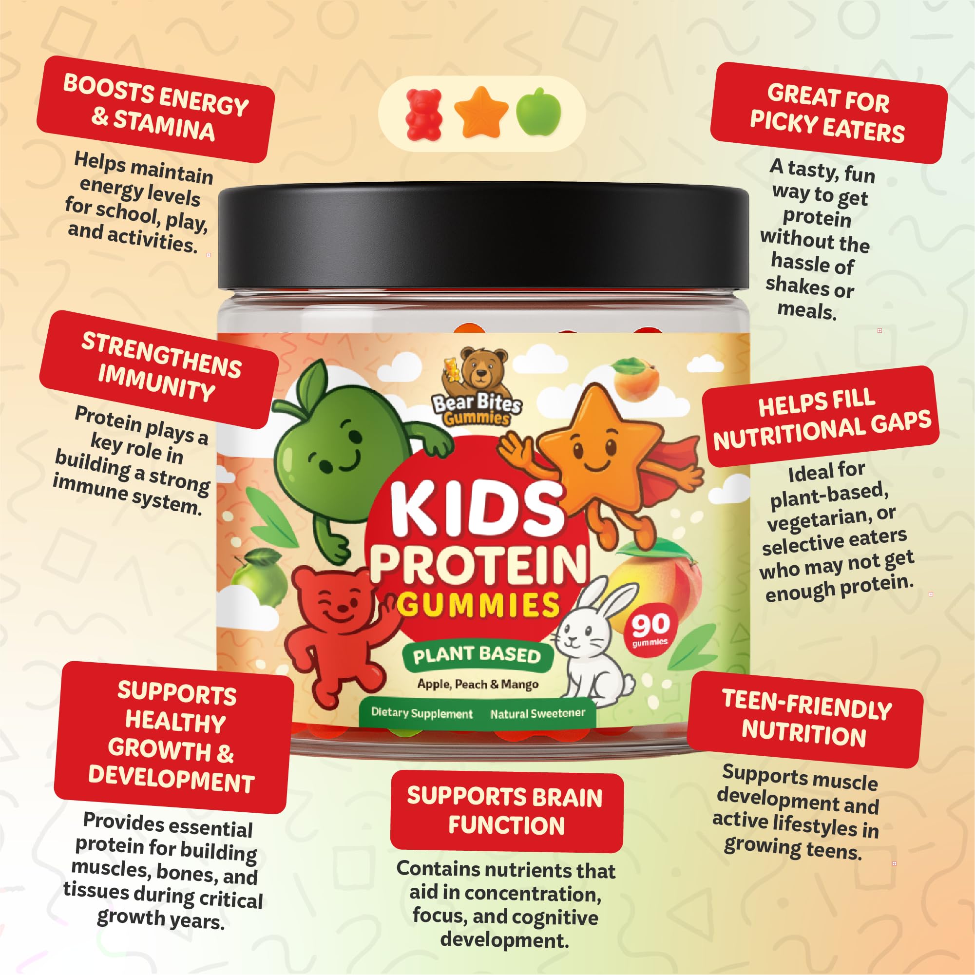 Bear Bites Gummies ingredients label emphasizing vegan gluten-free sugar-free nutrition