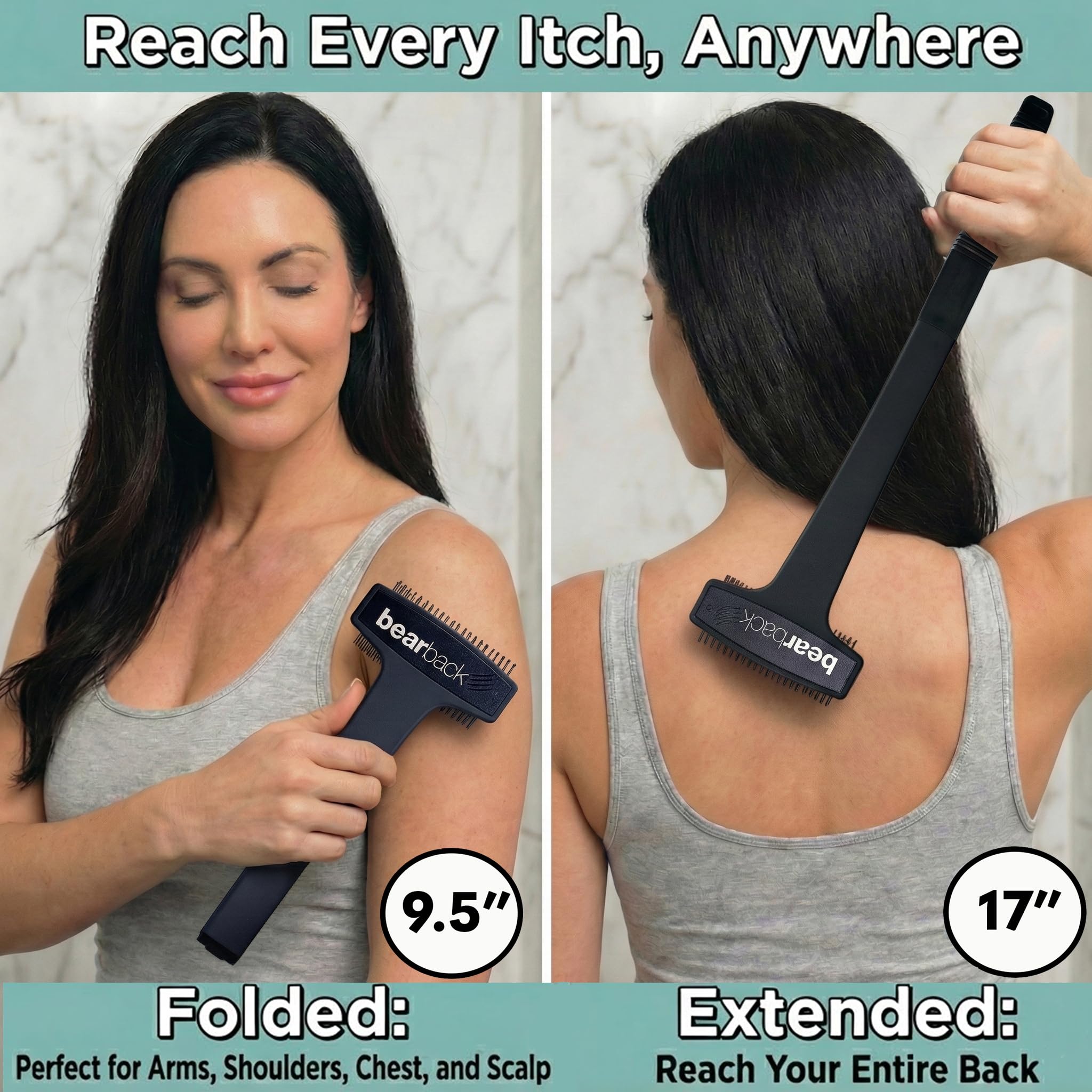 Bearback back scratcher with foldable handle for compact travel and storage.