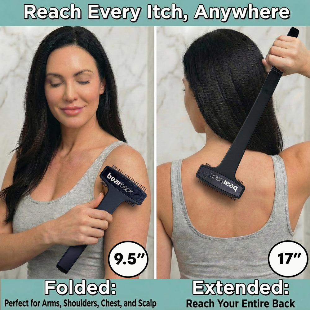 Bearback back scratcher with foldable handle for compact travel and storage.