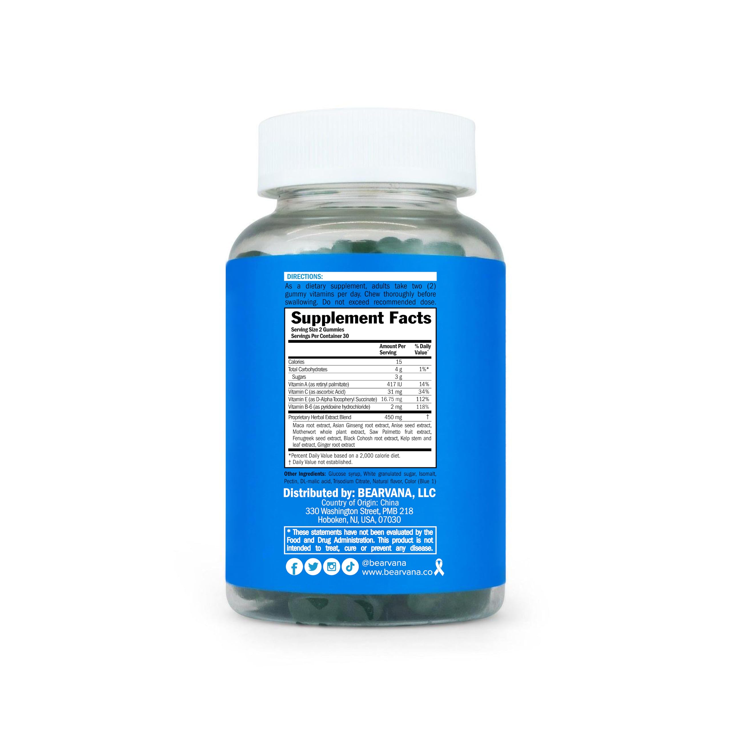 BEARVANA Peach Support bottle label detailing vegan and non-GMO status.