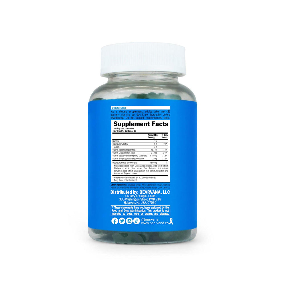 BEARVANA Peach Support bottle label detailing vegan and non-GMO status.