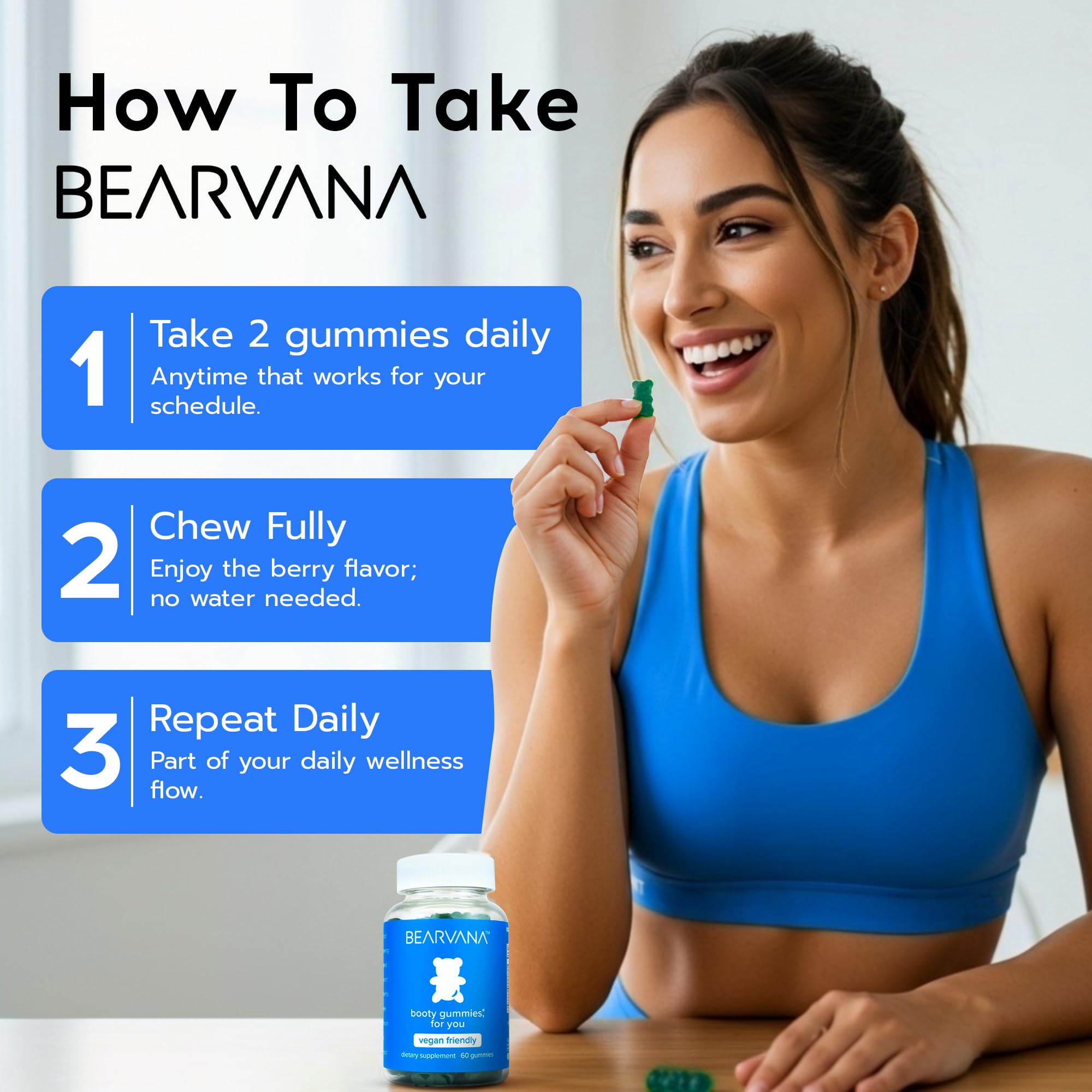 BEARVANA Peach Support gummies pouring shot highlighting two-gummy serving.