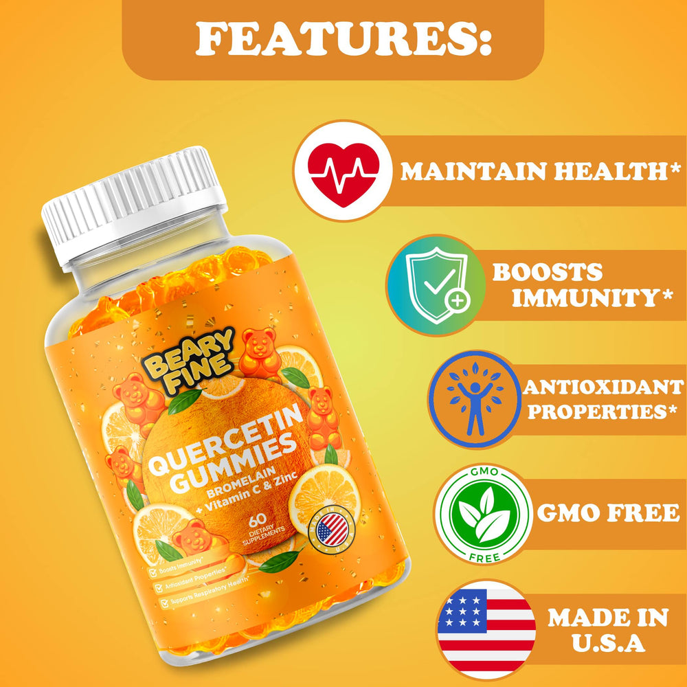 Beary Fine Quercetin Bromelain ingredients panel with vitamins C and D3