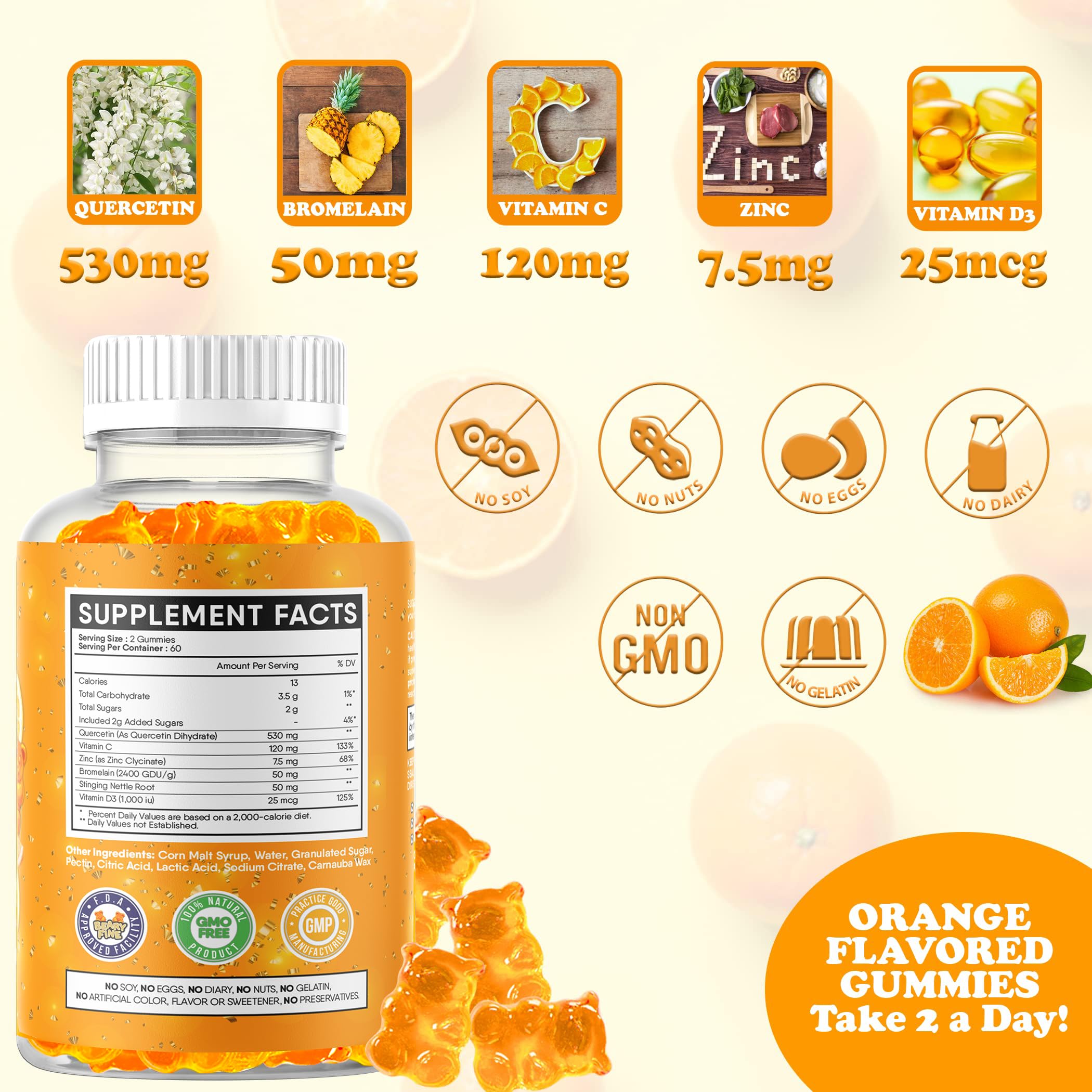 Beary Fine Quercetin Gummies bottle side view for easy daily support
