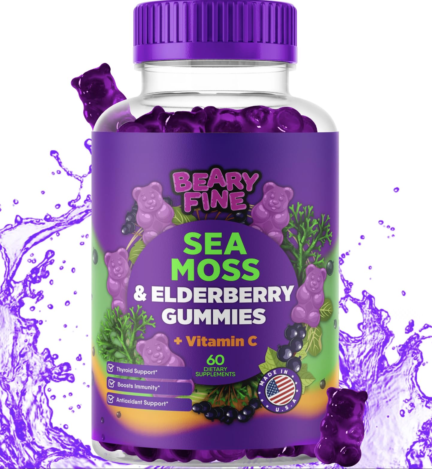 Beary Fine Sea Moss Gummies blueberry bottle showing tasty immune-support snack
