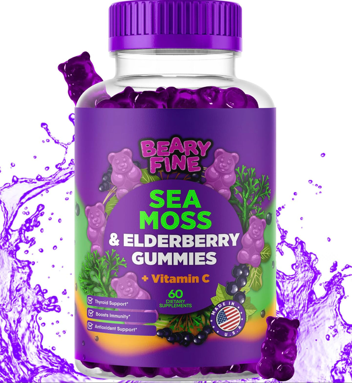 Beary Fine Sea Moss Gummies blueberry bottle showing tasty immune-support snack