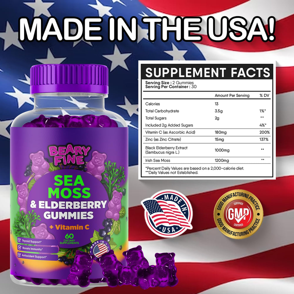 Beary Fine Sea Moss Gummies elderberry jar highlighting family immune-friendly option