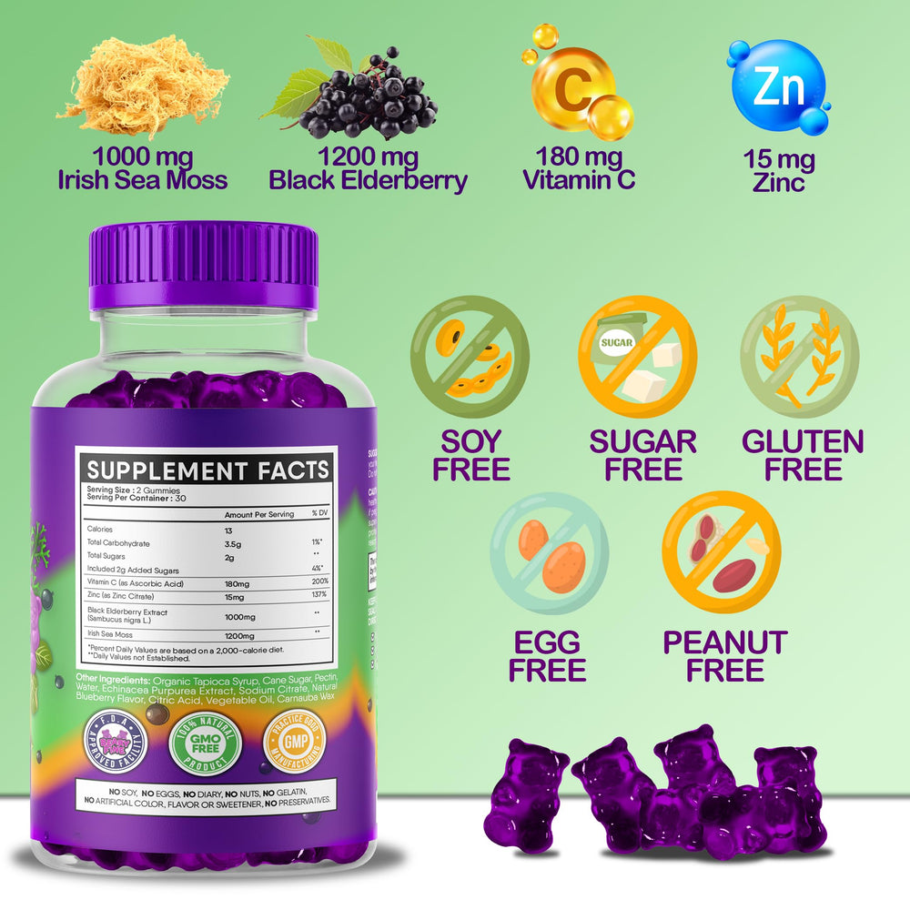 Beary Fine Sea Moss Gummies vitamin C and zinc label emphasizing immune support formula