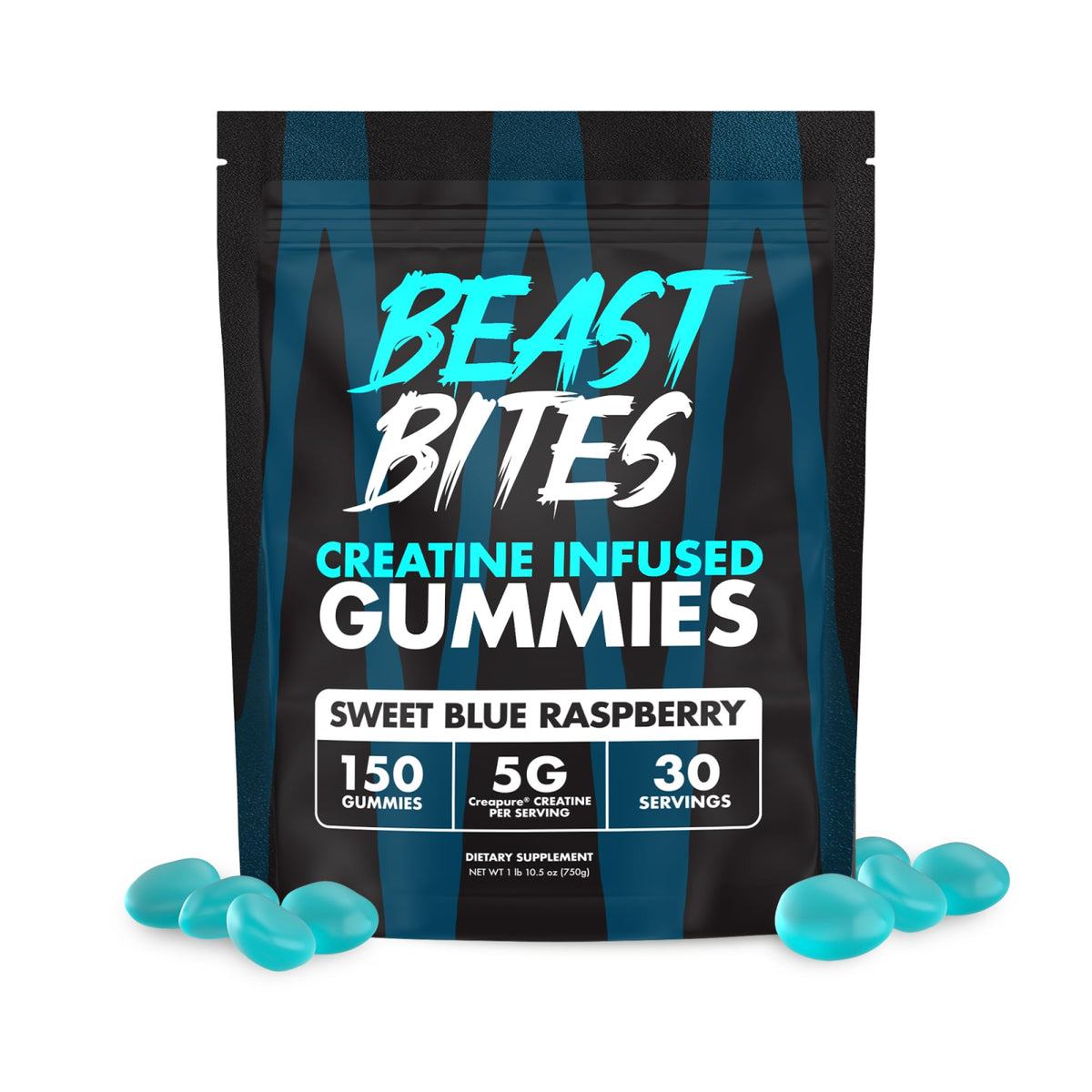Beast Bites Creatine Gummies bottle showing 5 g Creapure for pre-workout energy support