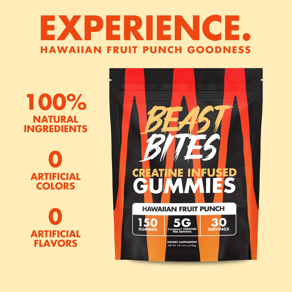 Close-up of BEAST BITES Creatine Gummies texture for chewy daily use.