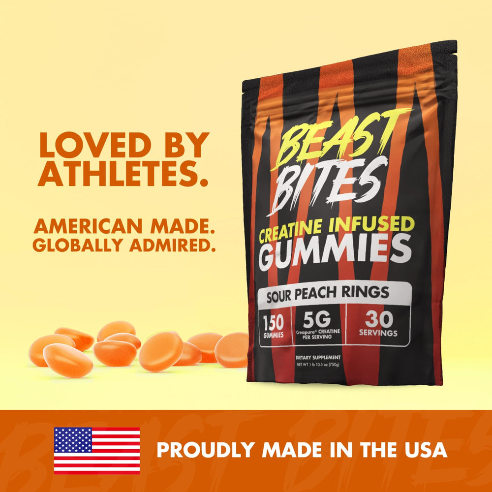BEAST BITES Creatine Gummies ingredients label highlights non-GMO, gluten-free, vegan formulation.