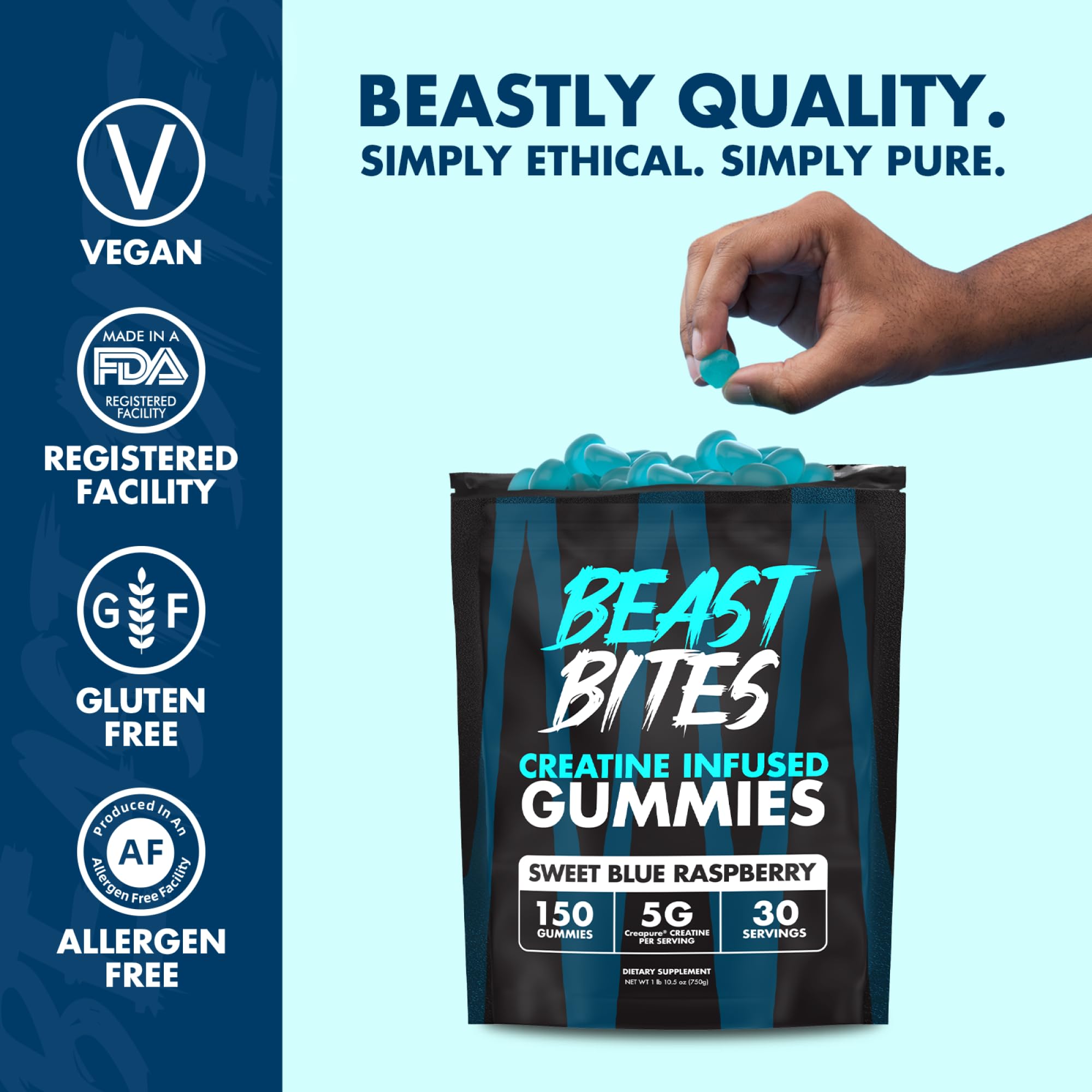 Beast Bites Creatine Gummies label showcasing vegan formula and gluten-free ingredients for mindful choices