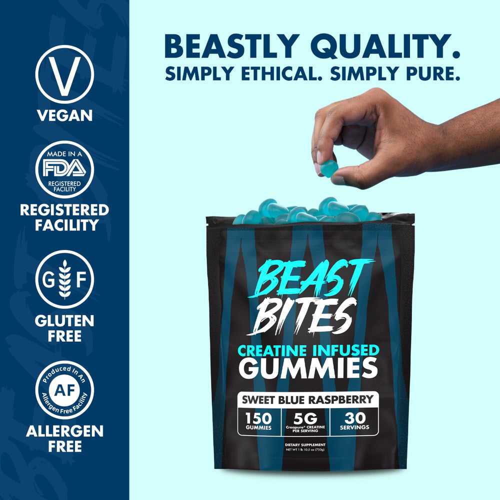 Beast Bites Creatine Gummies label showcasing vegan formula and gluten-free ingredients for mindful choices