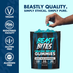Beast Bites Creatine Gummies label showcasing vegan formula and gluten-free ingredients for mindful choices